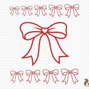 May include: Red outline of a large bow with a heart in the centre. There are smaller bows with hearts on either side of the large bow.
