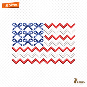Coquette US Flag Embroidery Design, Zigzag Bow USA Flag Embroidery Machine Embroidery, Fourth Of July American Coquette Bow Embroidery Files