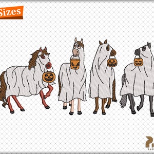 Ghost Horses Embroidery Designs, Horse Sheet Embroidery Design, Pumpkin Ghost Embroidery Design, Halloween Animal Ghost Machine Embroidery