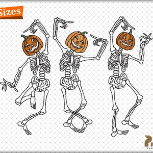 Spooky Dancing Skeletons Embroidery Pattern, Skeletons Digital Embroidery Design, Halloween Pumpkin Face Skeleton Stitching Embroidery Files