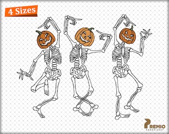 Patrón de bordado de esqueletos danzantes espeluznantes, diseño de bordado digital de esqueletos, archivos de bordado de esqueleto con cara de calabaza de Halloween