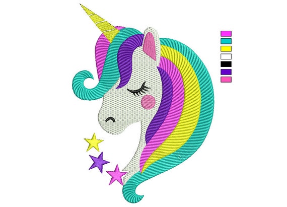 ガーリーなユニコーンの顔の刺繍デザイン：機械刺繍パターン（3サイズ