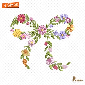 Könnte beinhalten: Ein gesticktes Blumen-Schleifen-Design in Rosa-, Gelb-, Lila- und Orangetönen mit grünen Blättern. Das Design enthält den Text "4 Sizes" in einer orangefarbenen Box. Die Schleife befindet sich auf einem weißen Hintergrund mit einem dezenten Gittermuster.
