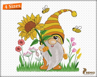 Sunflower Gnome Embroidery Design, Wildflower Gnome Embroidery Patterns, Gnome Sunflower Embroidery Designs, Spring Gnome Embroidery Files