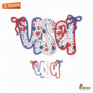 May include: Embroidered "USA" design in red, white, and blue floral pattern. The letters are outlined with a contrasting color and adorned with bows. The image also shows a smaller, outline version of the design. The top left corner shows "5 Sizes".