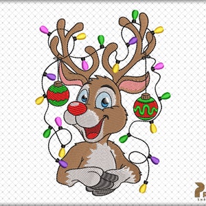 May include: A cartoon reindeer with a red nose and blue eyes is decorated with colorful Christmas lights and ornaments. The reindeer is smiling and has its arms crossed.