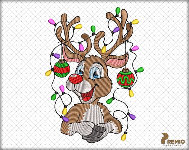 May include: A cartoon reindeer with a red nose and blue eyes is decorated with colorful Christmas lights and ornaments. The reindeer is smiling and has its arms crossed.