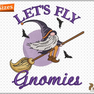 Halloween Wichtel Stickdatei, Let's Fly Gnomies, Fliegender Wichtel auf Besen Maschinenstickdatei - Digital Download