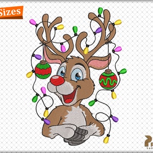 May include: A cartoon reindeer with a red nose and blue eyes is decorated with colorful Christmas lights and ornaments. The reindeer is smiling and has its arms crossed.