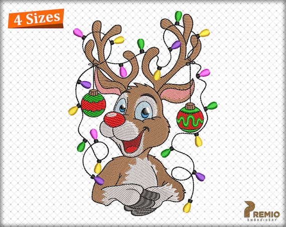 Reindeer Embroidery Design, Christmas Reindeer Machine Embroidery Files, Reindeer with Christmas Lights Embroidery Design - Digital Download