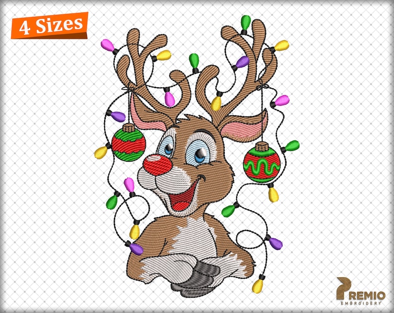 May include: A cartoon reindeer with a red nose and blue eyes is decorated with colorful Christmas lights and ornaments. The reindeer is smiling and has its arms crossed.