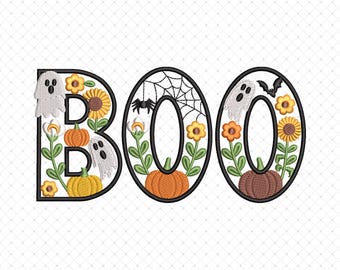 Floral BOO Embroidery Design, BOO embroidery, Boo Halloween Embroidery Design, BOO Bat Skull Pumpkin Spider Web Machine Embroidery Files