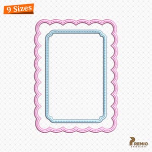 May include: A digital embroidery design featuring a rectangular frame with a scalloped pink border and an inner light blue stitched border. The design includes the text 9 Sizes in the top left corner and the text PREMIO EMBROIDERY in the bottom right.