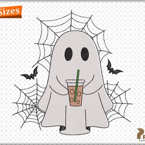 May include: An embroidery design featuring a white ghost with black oval eyes holding a clear plastic cup filled with a brown iced beverage and a green straw. The ghost is surrounded by black spiderwebs and two small black bats on a grid background.