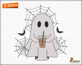Ghost Coffee Embroidery Designs, Iced Coffee Ghost Machine Embroidery Files, Halloween Spooky Ghost with Cold Coffee Embroidery Design