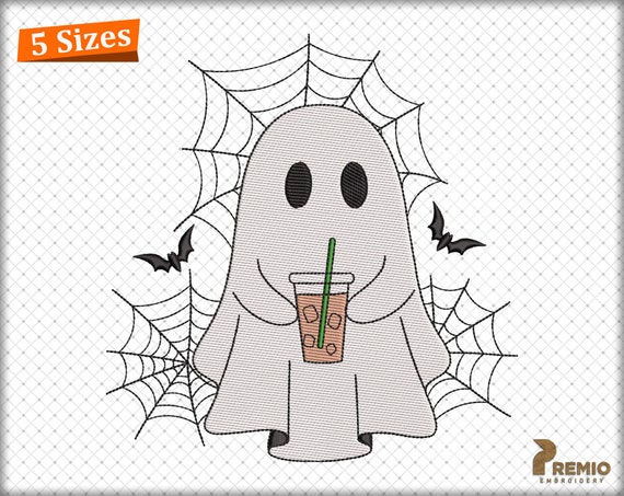 Ghost Coffee Embroidery Designs, Iced Coffee Ghost Machine Embroidery Files, Halloween Spooky Ghost with Cold Coffee Embroidery Design