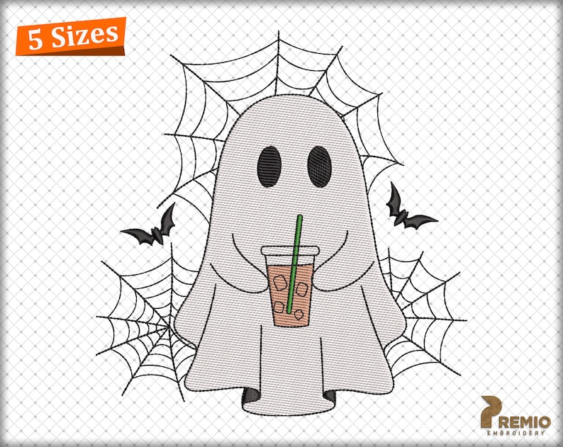 May include: An embroidery design featuring a white ghost with black oval eyes holding a clear plastic cup filled with a brown iced beverage and a green straw. The ghost is surrounded by black spiderwebs and two small black bats on a grid background.
