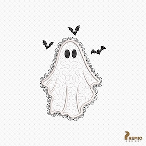 May include: An embroidery design featuring a white ghost with black oval eyes and a scalloped black lace border. The ghost body has a stippled stitch pattern and is surrounded by three small black bats flying in the air. The logo Premio Embroidery is visible.
