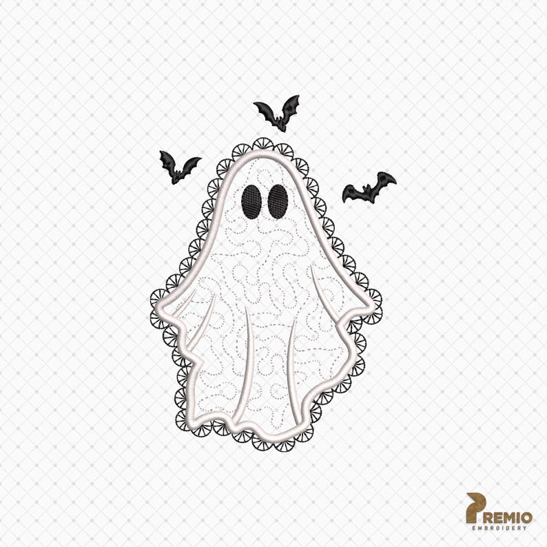 May include: An embroidery design featuring a white ghost with black oval eyes and a scalloped black lace border. The ghost body has a stippled stitch pattern and is surrounded by three small black bats flying in the air. The logo Premio Embroidery is visible.