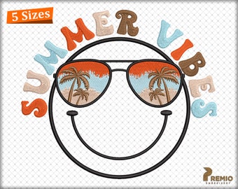 Summer Embroidery Design, Hello Summer Vibes Applique Designs, Smile Retro Summer Applique Embroidery Designs, Summer Digitizing Embroidery