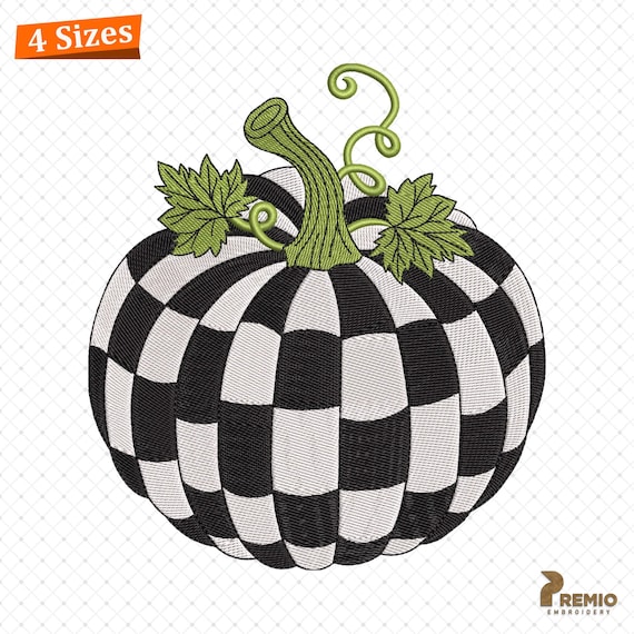 Checkered Pumpkin with Leaves Embroidery Designs, Halloween Pumpkin Embroidery Files, Thanksgiving Pumpkin Fall Digital Embroidery Designs