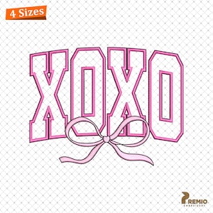 May include: Pink XOXO with a pink bow in a varsity style font. The letters are outlined in black.
