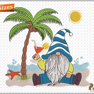 Summer Gnome Embroidery Designs, Beach Gnome Embroidery Designs, Vacation Gnome with Summer Tropical Sun Star Fish Machine Embroidery Design