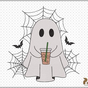 May include: An embroidery design featuring a white ghost with black oval eyes holding a clear plastic cup filled with a tan iced beverage and a green straw. The ghost is surrounded by black stitched spiderwebs and two small black bats.
