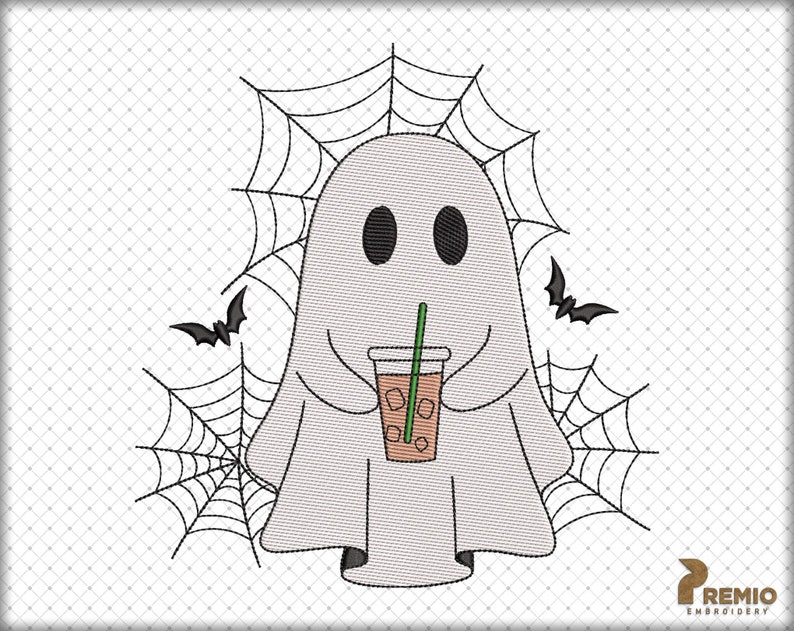 May include: An embroidery design featuring a white ghost with black oval eyes holding a clear plastic cup filled with a tan iced beverage and a green straw. The ghost is surrounded by black stitched spiderwebs and two small black bats.