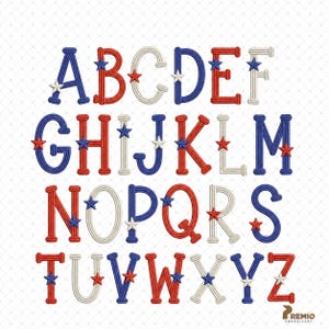 May include: Embroidered alphabet letters in red, white, and blue, each adorned with a star. The letters are in a bold, sans-serif font, perfect for patriotic crafts and designs. The letters are arranged in rows on a white background.