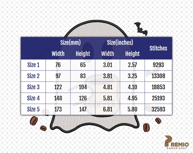 Puede incluir: Un dise&ntilde;o de fantasma bordado con un murci&eacute;lago y granos de caf&eacute;. La imagen incluye una tabla de tallas con dimensiones en mil&iacute;metros y pulgadas, que van desde 76 mm x 65 mm hasta 173 mm x 147 mm. El dise&ntilde;o tambi&eacute;n muestra el n&uacute;mero de puntadas.