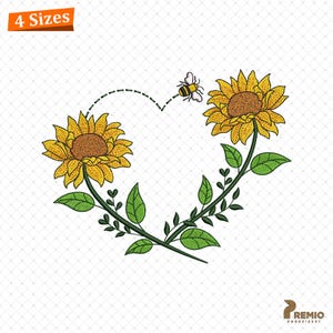 Può includere: Disegno ricamato di due girasoli che formano un cuore con un'ape che vola tra loro. I girasoli hanno petali gialli e centri marroni. L'ape è gialla e nera. I gambi sono verdi con foglie.