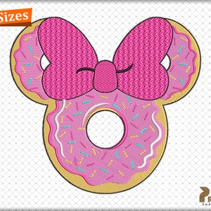 May include: Pink and yellow donut with pink frosting and sprinkles, shaped like Mickey Mouse ears with a pink bow on top.