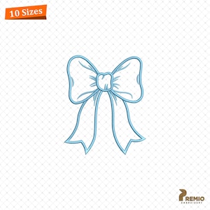 Puede incluir: Un diseño de lazo bordado en azul claro. El lazo presenta un contorno detallado con un nudo central y extremos de cinta fluidos. La imagen incluye el texto "10 Tamaños" en una pancarta naranja. El fondo es un patrón de cuadrícula blanca.
