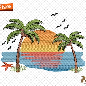 May include: Embroidered design of two palm trees with coconuts, a setting sun, and a blue ocean with a starfish. The design is perfect for a summery or tropical theme.