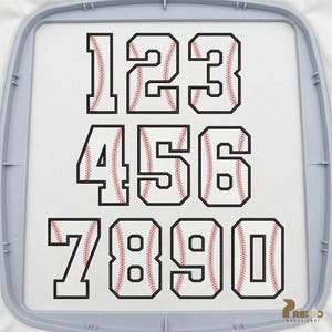 May include: A white background displays the numbers 1 through 0, each designed with a baseball theme. The numbers are outlined in black with a red baseball stitch pattern filling the interior, suitable for sports-themed crafts.