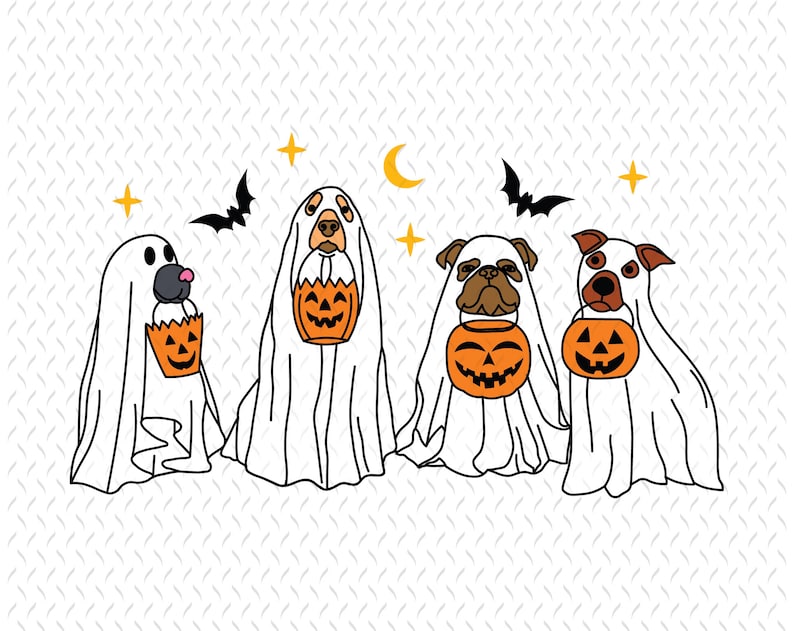 Pu&ograve; includere: Quattro cani vestiti da fantasmi per Halloween, ognuno con un secchiello a forma di zucca. I cani indossano lenzuola bianche con buchi per gli occhi. Lo sfondo &egrave; un motivo bianco e grigio.