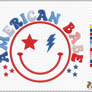 May include: Embroidered design featuring a red, white, and blue smiley face with a star and lightning bolt. The words "American Babe" are in a circle around the smiley face.