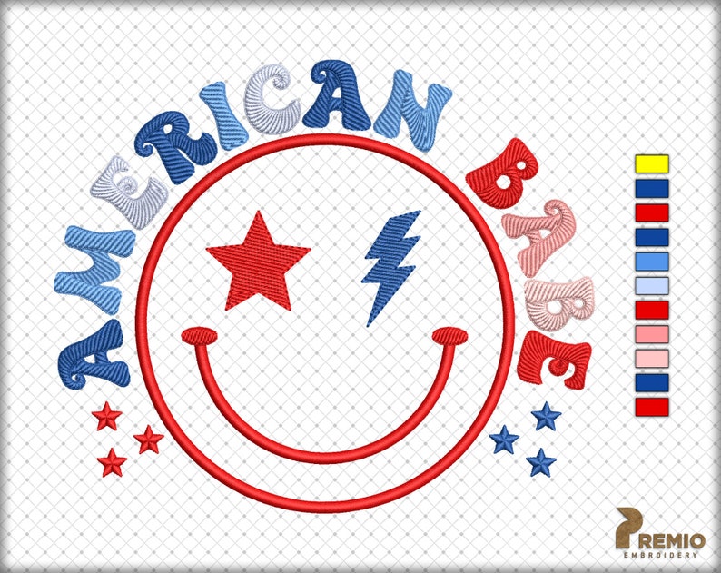 May include: Embroidered design featuring a red, white, and blue smiley face with a star and lightning bolt. The words "American Babe" are in a circle around the smiley face.