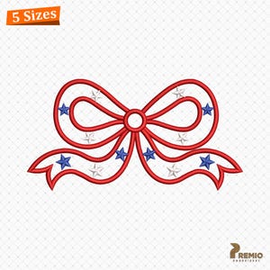 May include: A red bow design with white and blue stars. The bow is a patriotic design, perfect for embroidery projects. The image includes the text "5 Sizes".
