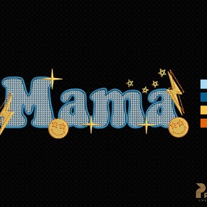 K&ouml;nnte beinhalten: Gestickte Darstellung des Wortes "Mama" in Blau mit gelben Sternen und Blitzen. Das Wort ist in Gold umrandet und hat ein strukturiertes Muster.