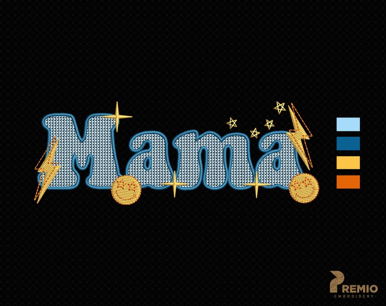 K&ouml;nnte beinhalten: Gestickte Darstellung des Wortes "Mama" in Blau mit gelben Sternen und Blitzen. Das Wort ist in Gold umrandet und hat ein strukturiertes Muster.
