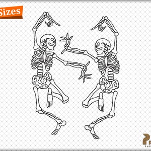 Puede incluir: Dibujo lineal en blanco y negro de dos esqueletos bailando, con los brazos levantados y las piernas dobladas. Los esqueletos se enfrentan. La imagen incluye el texto "3 Sizes" en una pancarta naranja.