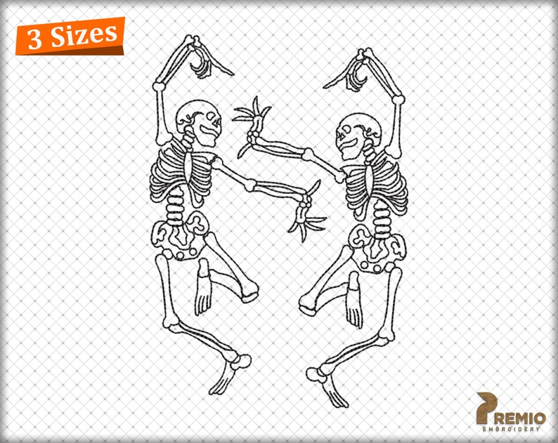 Puede incluir: Dibujo lineal en blanco y negro de dos esqueletos bailando, con los brazos levantados y las piernas dobladas. Los esqueletos se enfrentan. La imagen incluye el texto "3 Sizes" en una pancarta naranja.