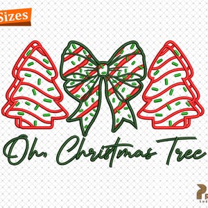 May include: Embroidered design featuring two red and green Christmas trees with a red and white striped bow in the center. The text "Oh Christmas Tree" is written in green below the trees.