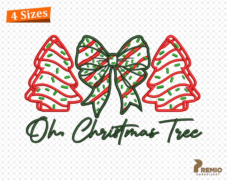May include: Embroidered design featuring two red and green Christmas trees with a red and white striped bow in the center. The text "Oh Christmas Tree" is written in green below the trees.