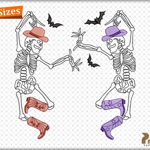 Dancing Skeletons Embroidery Design, Halloween Howdy Cowboy Skeleton Embroidery Design, Yee Haw Western Halloween Machine Embroidery Designs