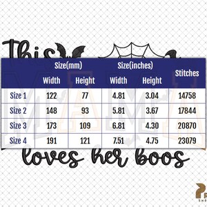 Op de afbeelding: Een digitaal borduurontwerp met de tekst This Mama loves her boos in zwart handschrift, vergezeld van een spinnenweb en vleermuisafbeelding. Een blauwe tabel toont vier formaten vari&euml;rend van 122 bij 77 mm tot 191 bij 121 mm in afmeting.