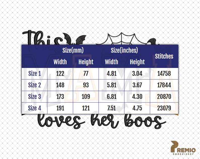 Op de afbeelding: Een digitaal borduurontwerp met de tekst This Mama loves her boos in zwart handschrift, vergezeld van een spinnenweb en vleermuisafbeelding. Een blauwe tabel toont vier formaten vari&euml;rend van 122 bij 77 mm tot 191 bij 121 mm in afmeting.
