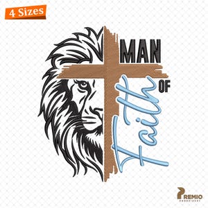 Op de afbeelding: Geborduurd ontwerp met een leeuwenkop en een kruis. De tekst luidt "MAN OF Faith" in zwart en lichtblauw. Ideaal om te borduren. Geschikt voor diverse knutselprojecten.